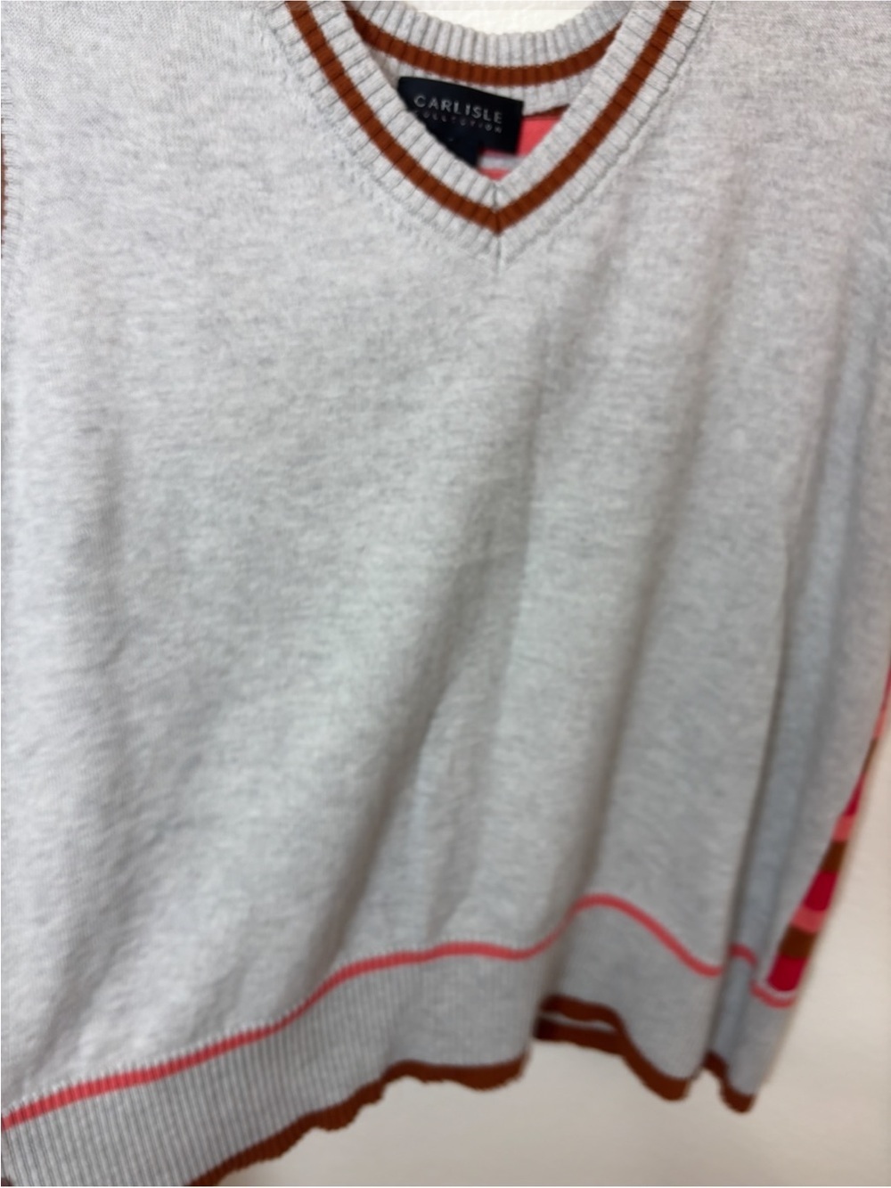 Carlisle Gray Knit cotton V-Neck Tank with Pink & Brown Trim - Picture 3 of 5